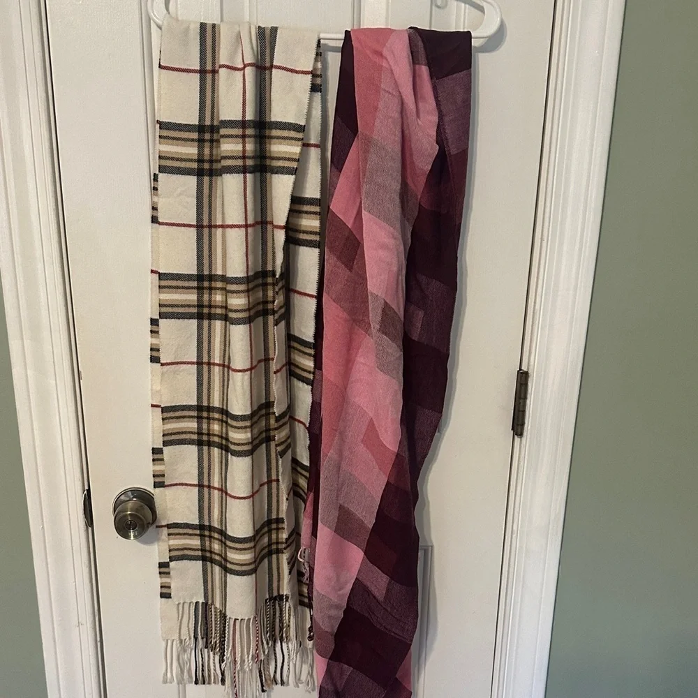 Two Winter Plaid Scarves - Cream and Pink